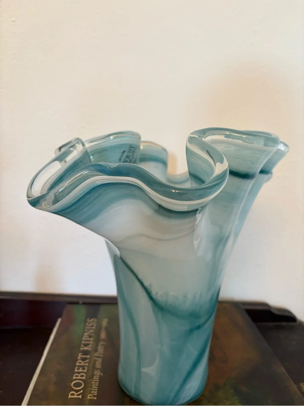 Murano Italy || Large Art Glass Vase Fan Ruffle Light Blue Aqua White 12” Tall